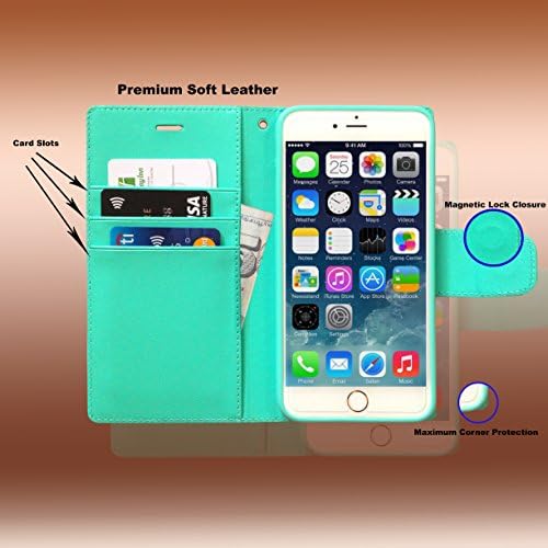 Apple iPhone 6 Cell Phone Casing [FLAPA Series] Elegant Premium Quality [Synthetic Soft Leather] with [Stand Flip Cover] [Magnetic Lock Closure] [Card Slot] [Cash Compartment] (Mint, iPhone 6)