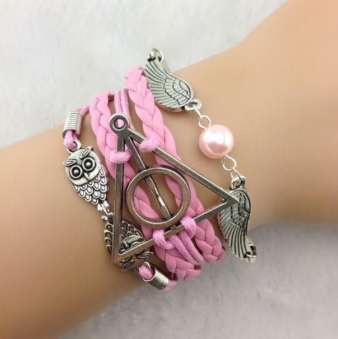 Handmade Vintage Harry Potter Bracelet Golden Snitch Bracelet Deathly Hallows Bracelet Owls Bracelet Black Leather Braid and Rope Bangle Gift to Harry Potter Fans