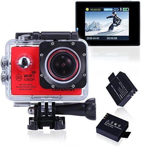 Canany Wifi Sports Action Camera FHD 1080P 12M 2.0inch waterproof diving Camera with 2 Batteries and Free accessories kit Underwater video Camera (Red)