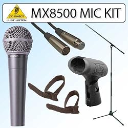 Behringer XM8500 Dynamic Cardioid Microphone wtih Microphone Boom Stand XLR Cable Microphone Clip and Cable Ties