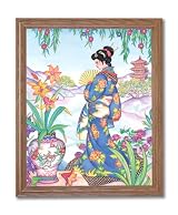 Japanese Girl Woman In Garden Asian Contemporary Home Decor Wall Picture Oak Framed Art Print