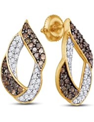 10K Yellow and White Two 2 Tone Gold Round Brilliant Cut Chocolate Brown and White Diamond - Channel Set Studs Earrings with Secure Screw Back Closure - (1.00 cttw.)