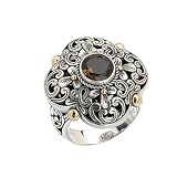 925 Silver & Smoky Quartz Ornate Flower Scroll Ring with 18k Gold Accents- Sizes 6-8