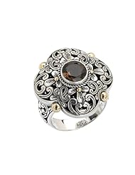 925 Silver & Smoky Quartz Ornate Flower Scroll Ring with 18k Accents- Sizes 6-8