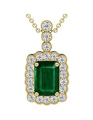 18K Yellow Gold Emerald Cut Emerald And Round Diamond Pendant