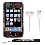 Premium Designer Hard Crystal Snap-on Case for Apple iPod Touch 2, 8GB, 32GB, 64GB - Hot Pink Checkers Plaid Print + Includes a 4-inch eBigValue (TM) Determination Hand Strap + Includes a USB Data Sync Cable for your iPod & iPhone (White)