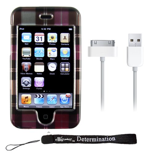 Premium Designer Hard Crystal Snap-on Case for Apple iPod Touch 2, 8GB, 32GB, 64GB - Hot Pink Checkers Plaid Print + Includes a 4-inch eBigValue (TM) Determination Hand Strap + Includes a USB Data Sync Cable for your iPod iPhone (White)