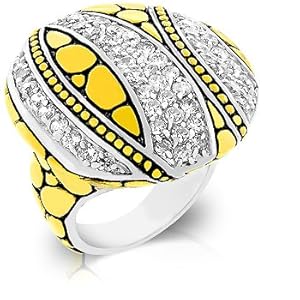 Two Tone 14k Gold and White Gold Rhodium Bonded Black Antique Style Dome Ring with Pave CZ Clusters in Gold and Silver tone.