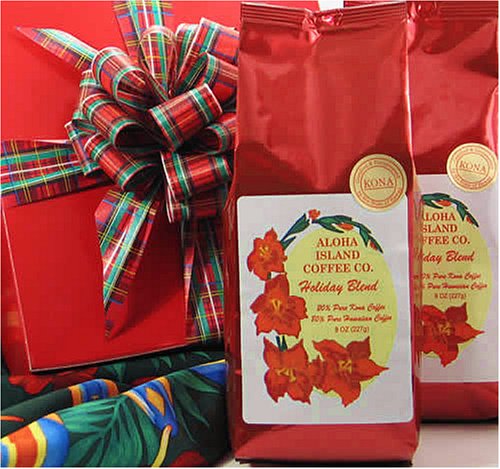 Holiday Gourmet Gift Box - Kona Coffee Holiday Blend in Red Gift Box (1 Lb. Whole Bean) by Aloha Island Coffee Company