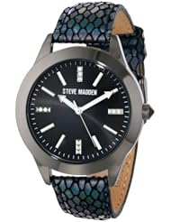 Steve Madden Womens SMW00027-04 Metallic Black Python Textured Leather Strap Watch