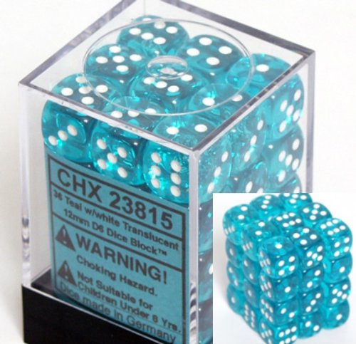 Chessex Dice d6 Sets: Teal with White Translucent - 12mm Six Sided Die (36) Block of Dice On Sale