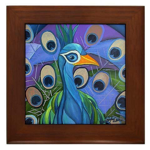 The Peacock :: Modern Art Deco Cubist :: Framed Fine Art Ceramic Tile By Kristen Stein