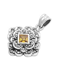 Sterling Silver Citrine CZ Square Layered Pattern Marcasite Pendant