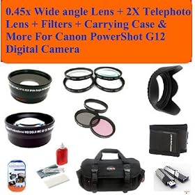 Deluxe Package Includes- 0.45x Wide Angle Lens + 2x Telephoto Lens + Filters + Carrying Case & More for Canon Powershot G12 Digital Camera