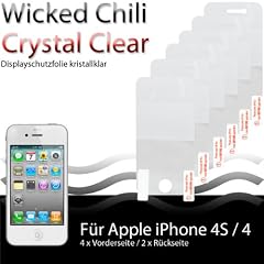 Displayschutzfolie UltraClear f�r iPhone 4S / 4 S von Wicked Chili - Back Front Protector, Display Schutzfolie (4x Vorderseite / 2x R�ckseite) kristallklar