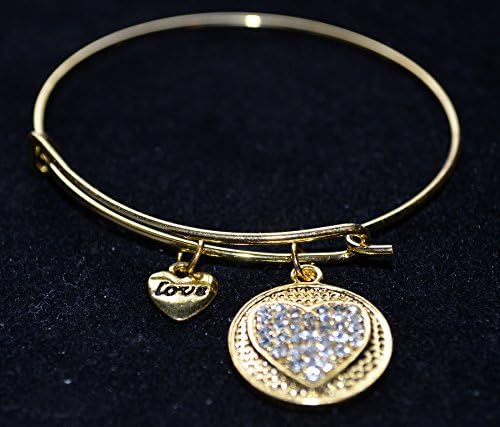Heart crystal charm pendant bangle bracelet gold tone