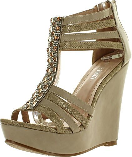 Annie Pinky Gayle-01 Women's Open Toe Strappy Platform Wedge Sandals,Beige,6.5