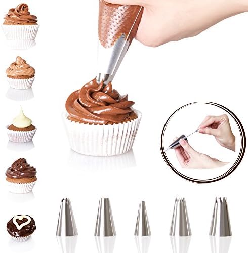 CAKE DECORATING KIT - Full Set with Pastry Bag, Piping Bags and Tips and FREE Cleaning Brush - 5 Large Popular Icing Tips - Better size than XL - For easy cupcake decorating