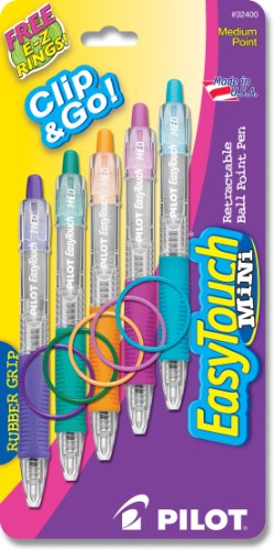 Pilot EasyTouch Mini Retractable Ballpoint Pen, Medium Point, 5-Pack, Assorted Colors, Purple/Green/Orange/Pink/Turquoise Inks (32400)