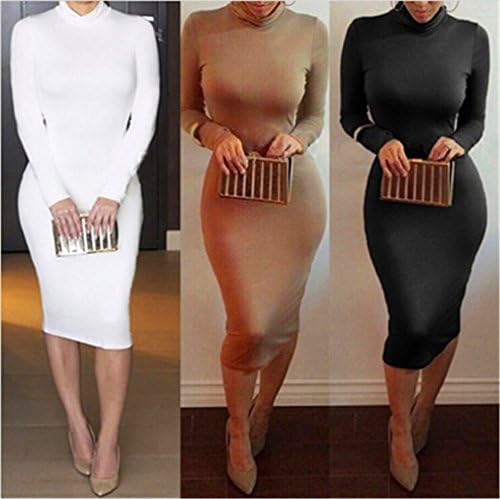 Womens Turtleneck Long Sleeve Mid Length Bodycon Bandage Dress (L, Black)