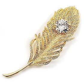 Large Swarovski Crystal Peacock Feather Gold Tone Brooch (Clear): Jewelry
