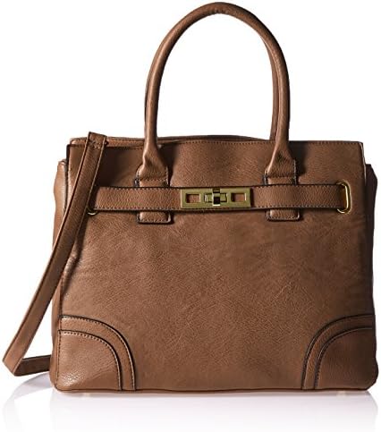 DEL MANO Belted Satchel with Turn Lock Hardware Convertible Top Handle Bag, Cognac, One Size