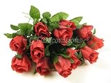 12 Artificial Silk Flower Rose Bud Stems (Dark Red) from GT Decorations