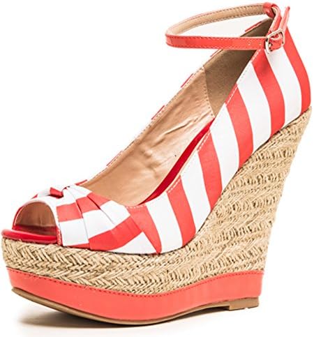 Fast Fashion Shoes Women's Floral Striped Straw Wedge Sandals (6 B(M) US, Coral/White)