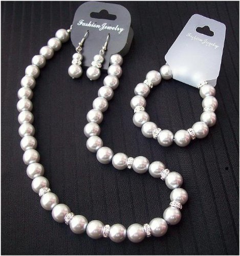 Grey Pearl Crystal Diamante Necklace Bracelet Earrings Fashion Jewellery Set **Free UK Delivery**