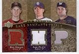 2007 Upper Deck Premier Rare Remnants Triple Gold #RR3-OPS Roy Oswalt / Jake Peavey / Ben Sheets - Astros / Padres / Brewers - Serial #d 18/25 - Game Used Jersey Swatch