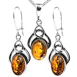 Honey Amber and Sterling Silver Celtic Pendant and Earrings Set, 18
