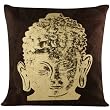 Dark Brown Patched Leather Pillow with Metallic Buddha Head Print