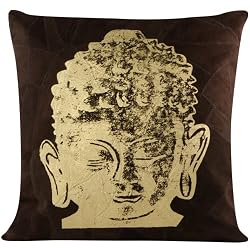 Dark Brown Patched Leather Pillow with Metallic Buddha Head Print