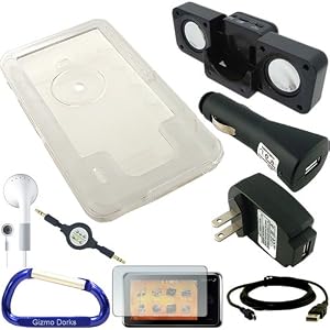 Premium Combo Pack: Crystal Clear Hard Case, Screen Protector / Guard, USB 2in1 Sync / Charging Cable, Car Charger, Wall / Travel Charger, Earphones, Cube Foldable Speaker Dock, 3.5mm Retractable Auxiliary Stereo Cable, and Free Carabiner Key Chain for the Creative Zen X-Fi2