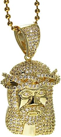 CSG 2pc Micro Pave Mini Jesus Golden CZ Charm Iced Out Pendant Steel Ball Chain 30"