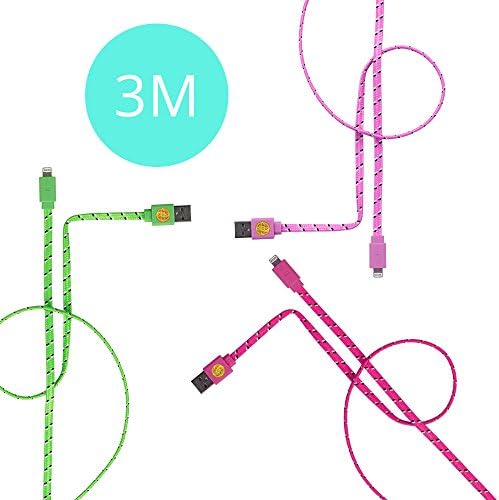 3pk 10ft Flat Braided 8pin to USB Cables for iPhone 5 5c 5s 6 6Plus (Pnk, Grn, HPink)