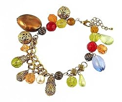 Bracelet - B172 - Assorted Beads - Charm Style ~ Antique Gold Tone