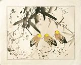 Chinese Sumi-e Brush Painting Art, Watercolor on Paper - Three Birds