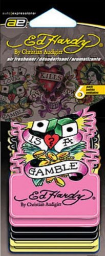 Ed Hardy Air Freshener 6 Pack - 3'' x 4'' - 2 Asian Girl (Love Tonic), 2 Love Is a Gamble (Patchouli), 2 Love Kills Slowly (Lemon)