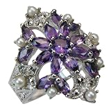 Amethyst Angel Bloom Silver Natural Seed Pearl Ring - Dahlia Vintage Collection