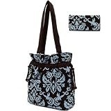 51tsPaaBGcL. SL160  Quilted Damask Print Drawstring Leather Accent Tote Bag and Matching Wallet   Blue/Brown