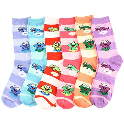 Ladies 6 Pairs Cute Fun Happy Frog Thin Colorful Crew Trouser Casual Shoe Socks