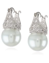 Sterling Silver Simulated Pearl with Pave Cubic Zirconia Top Earrings