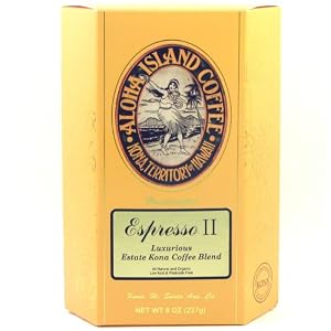 Aloha Island Coffee Company Espresso II, Luxurious Estate Kona Coffee Blend, 8-Ounce Box by Aloha Island Coffee Company