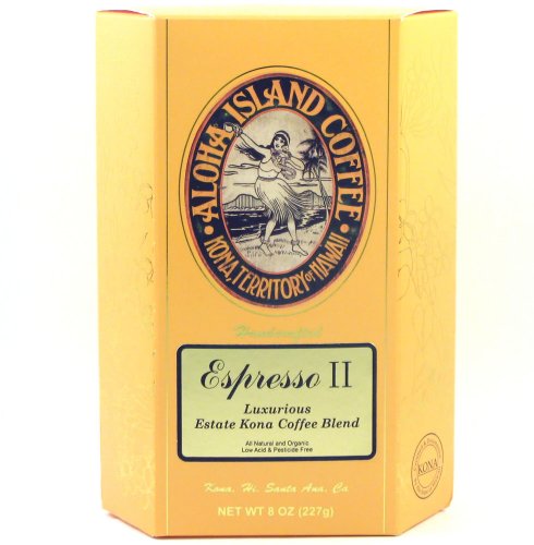 Aloha Island Coffee Company Espresso II, Luxurious Estate Kona Coffee Blend, 8-Ounce Bag