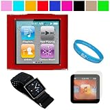 ipod shuffle newest model-Durable Hard Shell Protective Snap On Cover Case for Apple iPod Nano 6th Generation + Clear Screen Protector for iPod Nano 6th Generation + Multipurpose Neoprene Workout Wristband + SumacLife TM Wisdom Courage Wristband, Red