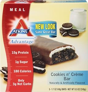 Atkins Advantage Cookies N Creme Meal Bar, 5 Count Bars, Net Wt. 8.5 Oz