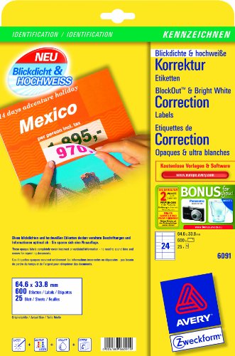 Avery Zweckform, 6091, 25 Blatt, Abdeck-Etiketten nicht, durchscheinend, zum Abdecken falscher Texte im Katalog, 64, 6 x 33, 8 mm