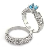 Classic 2-piece Wedding Set with Aquamarine CZ & pavé