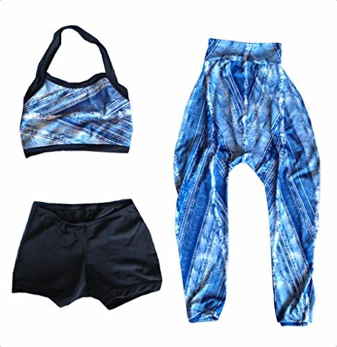 3 Piece Harem Style Dancewear Short Set - Stonewash Denim/Black (Child Small)